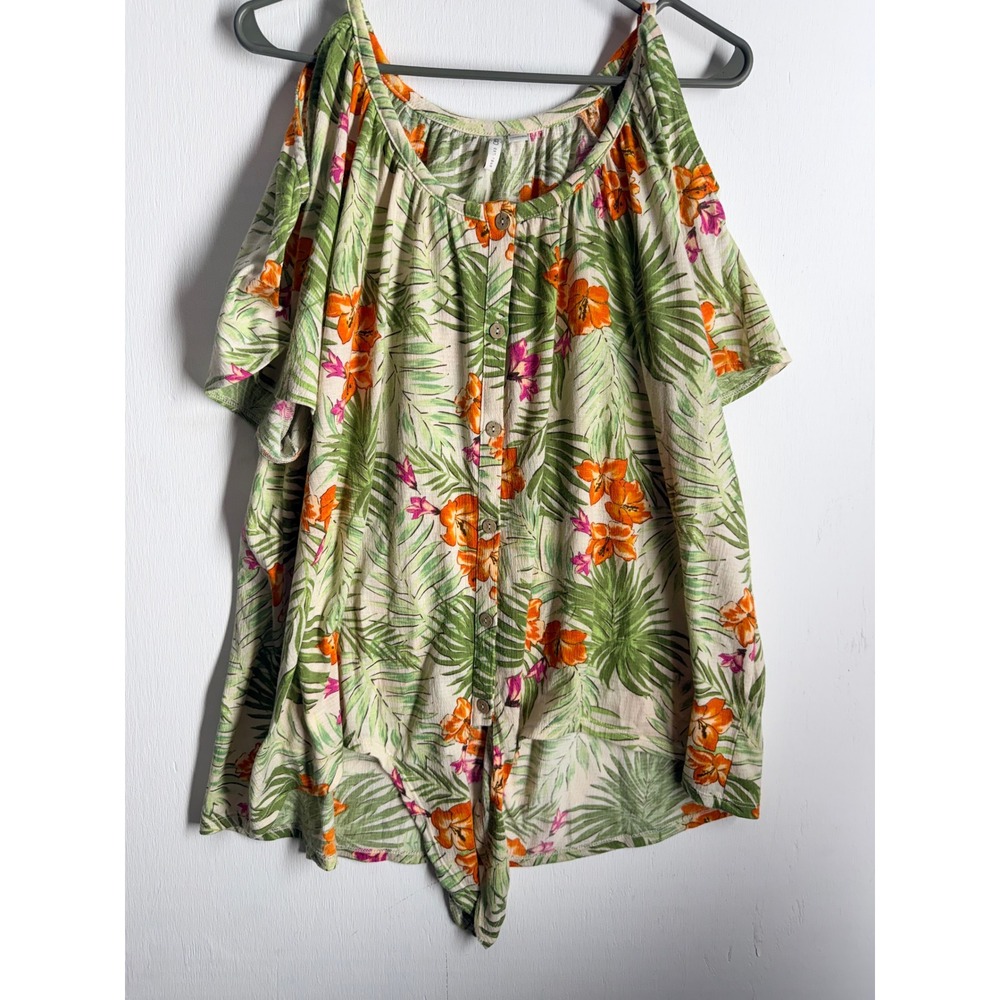 Cato Tropical Floral Cold Shoulder Blouse Plus Size 18/20W Tie Front Button Top